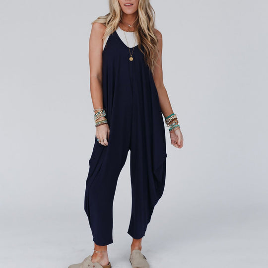 Damen bequemer Jumpsuit mit lässigem Schnitt und tiefem V-Ausschnitt Shopnory