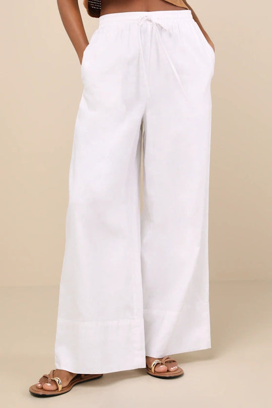 Damen Weite Leinenhose mit elastischem Bund und seitlichen Taschen