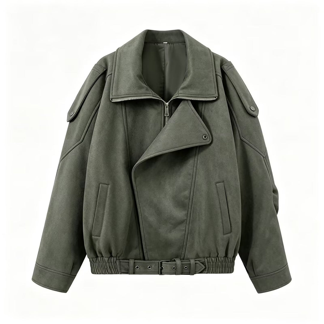 Damen Oversize Bomberjacke mit breitem Reverskragen, Taillengürtel und Schulterklappen Shop Nory