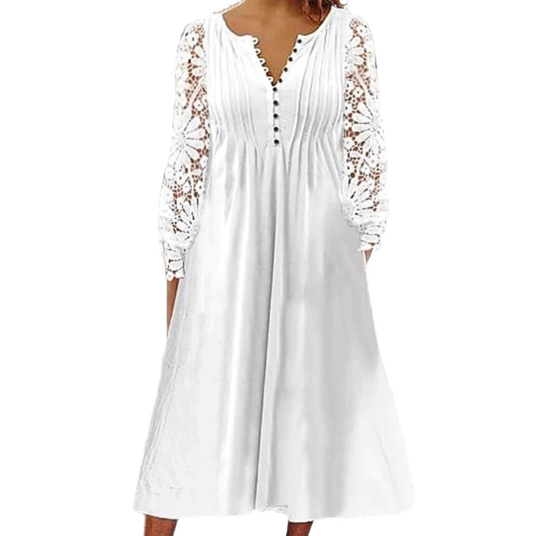 Damen Midikleid mit eleganter Lochspitzenärmel und Knopfleiste