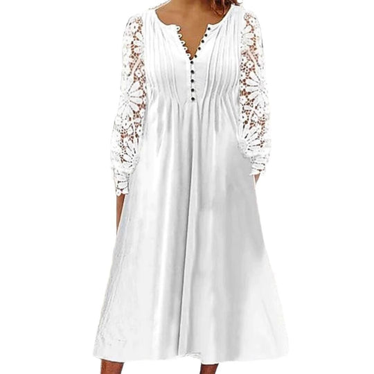 Damen Midikleid mit eleganter Lochspitzenärmel und Knopfleiste