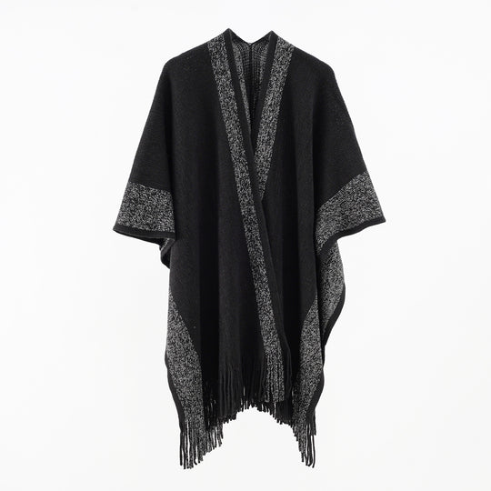 Damen Oversize-Strickcape mit Fransen und kontrastierter Bordüre Shop Nory