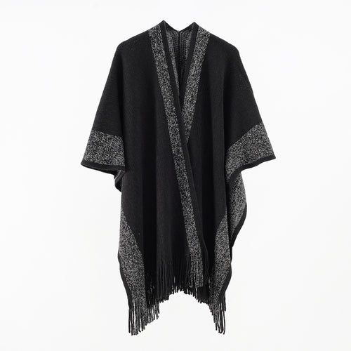 Damen Oversize-Strickcape mit Fransen und kontrastierter Bordüre Shop Nory