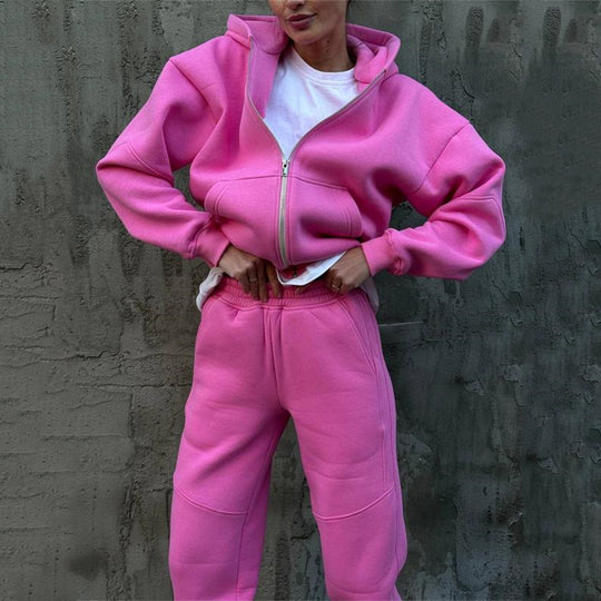 Damen kurzes Zip-Hoodie und hochtaillierte Komfort-Jogginghose-Set aus weichem Fleece Shop Nory