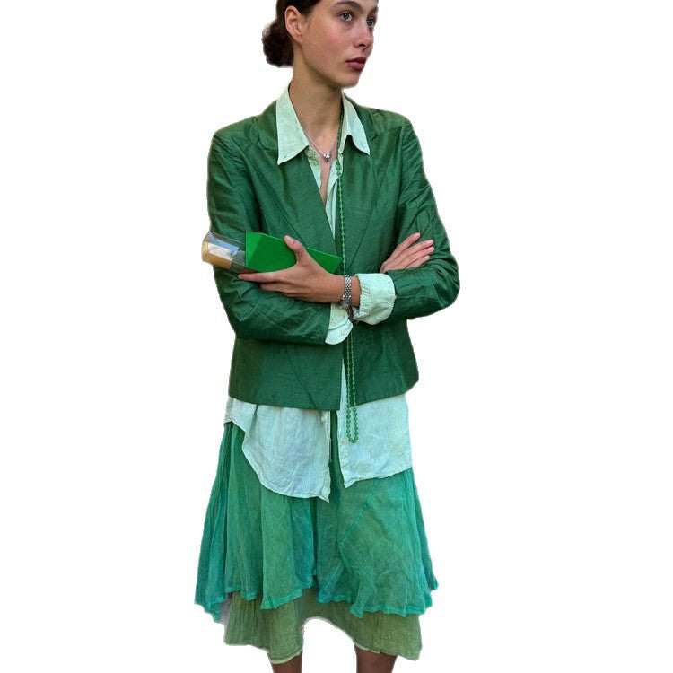 Damen Komplettoutfit Kurzblazer, Leinenbluse und mehrlagiger Midirock Shop Nory
