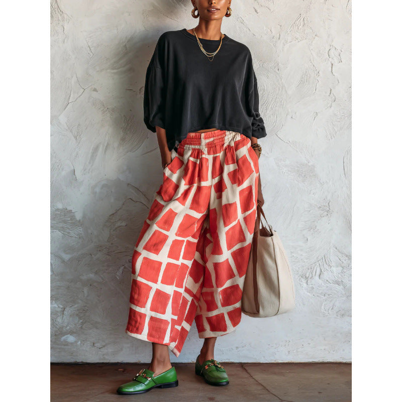 Damen Gemusterte Culotte-Palazzohose mit weitem Bein, elastischem Bund und Eingrifftaschen Shop Nory