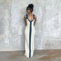 Damen elegantes Maxikleid mit tiefem V-Ausschnitt und kontrastierendem Streifen