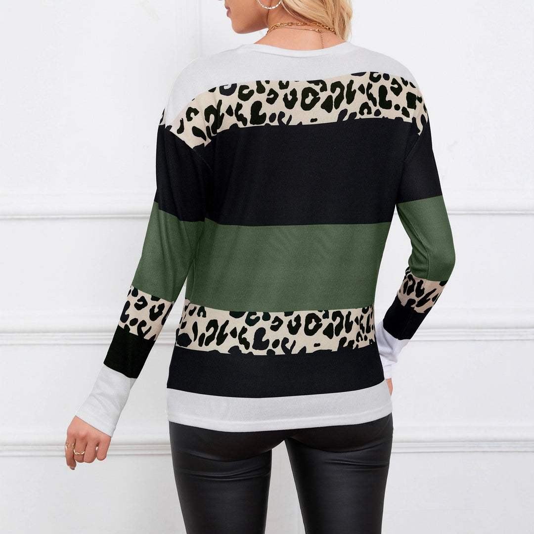 Damen Gestreiftes Langarm-Strickshirt mit Leoprint-Einsätzen und Rundhalsausschnitt Shop Nory