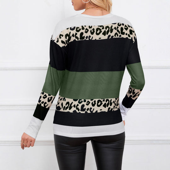 Damen Gestreiftes Langarm-Strickshirt mit Leoprint-Einsätzen und Rundhalsausschnitt Shop Nory