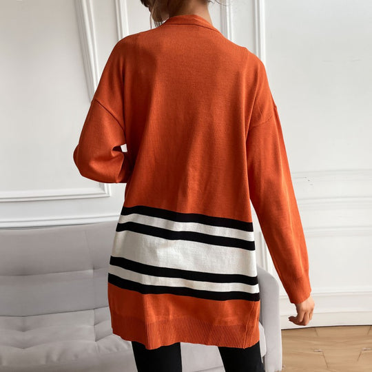 Damen Longline-Cardigan mit Kontraststreifen, aufgesetzten Taschen & Rippbündchen Shop Nory