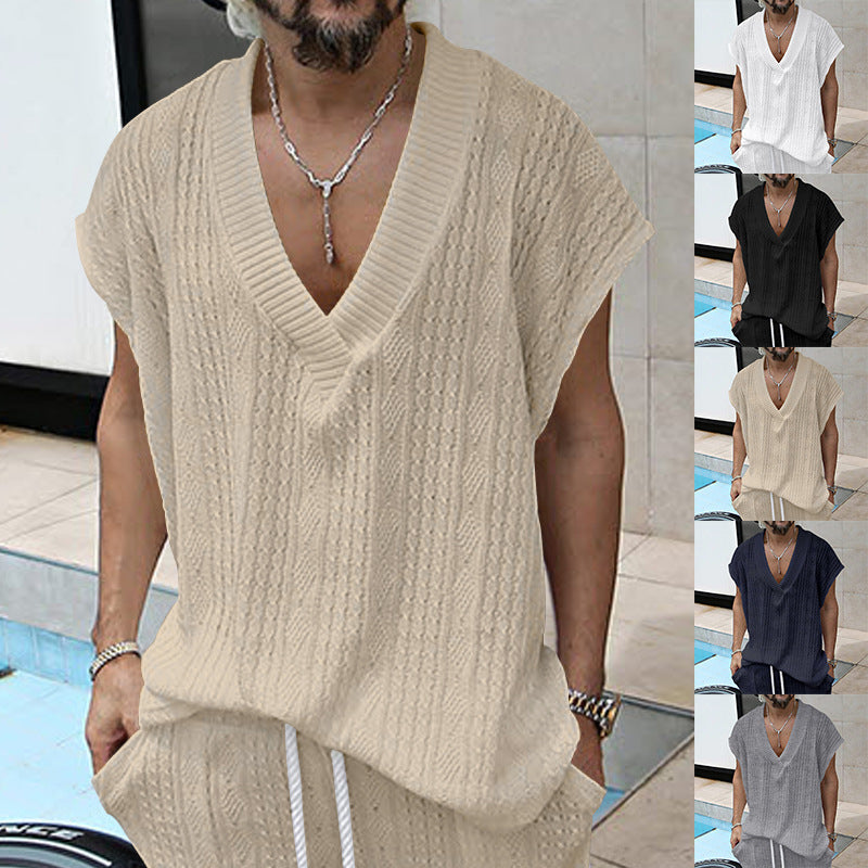 Herren nan kastiges Stricktop aus grobem Strick mit tiefem V-Ausschnitt und Strukturmuster