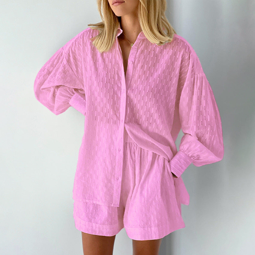 Damen modisches Kurzarm-Pyjama-Set mit strukturierter Oberflächenbeschaffenheit