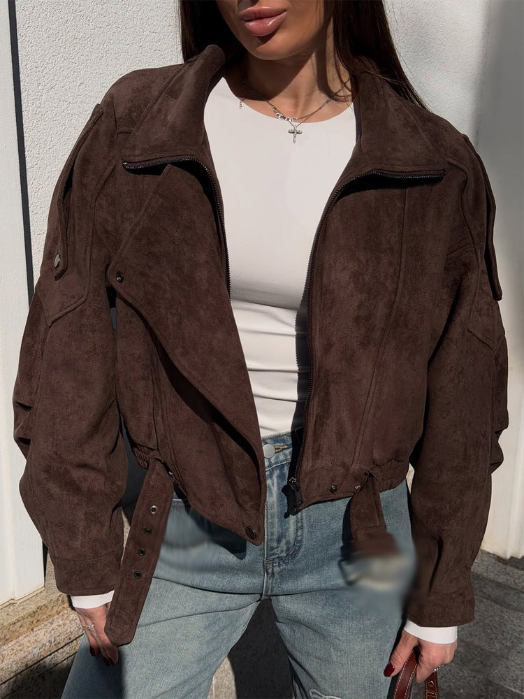 Damen Kurz geschnittene Wildleder-Bomberjacke mit Gürtel & Oversize-Ärmeln Shop Nory