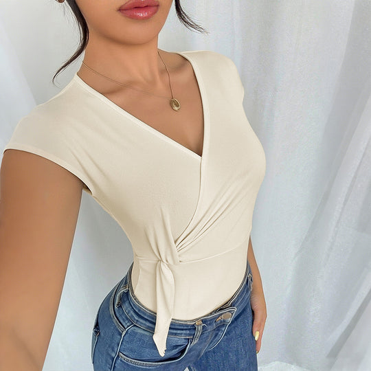 Damen Wickel-Body mit kurzem Arm, tailliertem Band und V-Ausschnitt Shop Nory