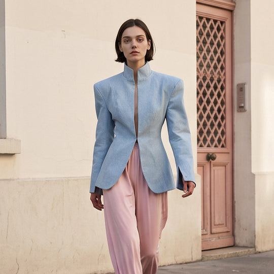 Damen taillierter Stehkragen-Blazer mit verdecktem Hakenverschluss und geschwungenem Saum Shop Nory