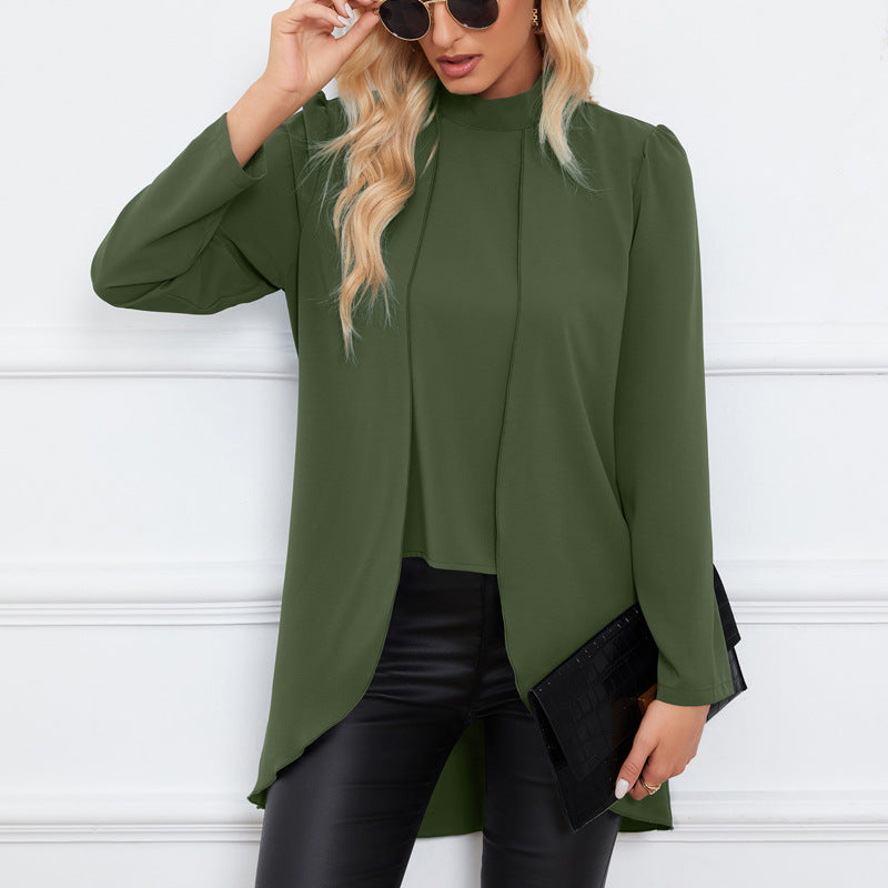 Damen Lässige Chiffon-Bluse mit Stehkragen und verlängertem Schößchen-Detail Shop Nory