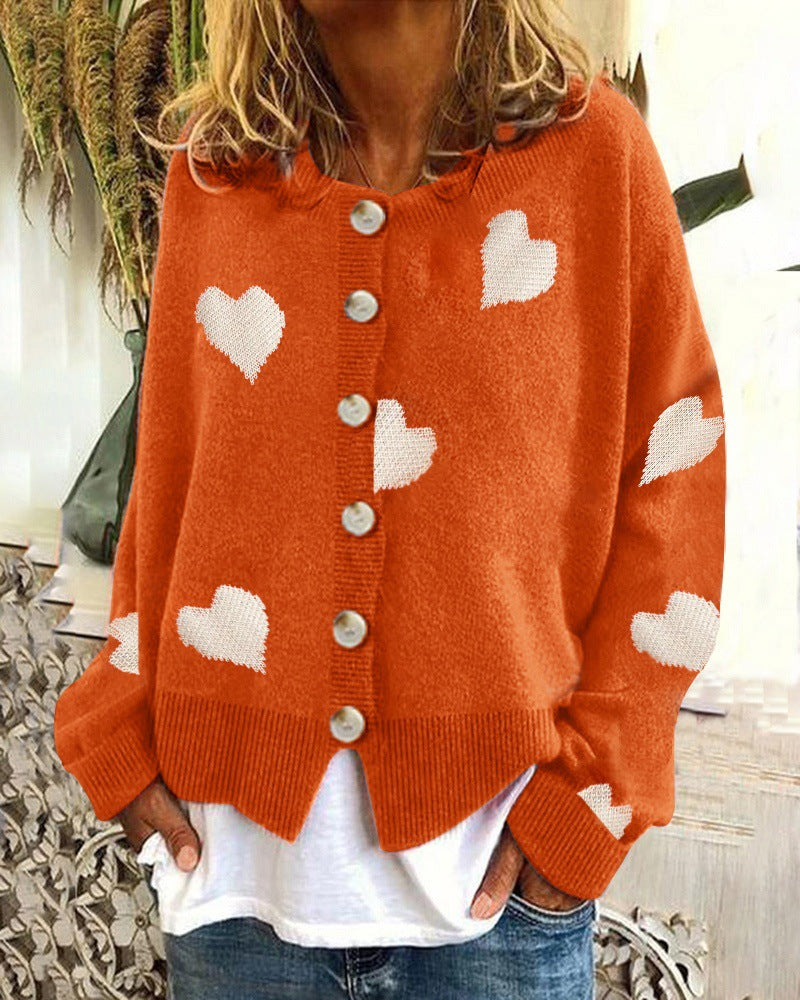 Damen Geknöpfter Oversize-Strickcardigan mit Herz-Jacquard und Perlmuttknöpfen Shop Nory