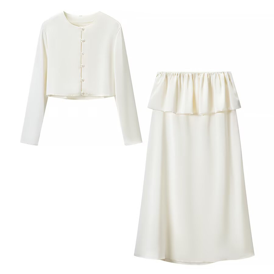 Damen Zweiteiliges Satinensemble mit Bolerojacke und Midirock Shop Nory