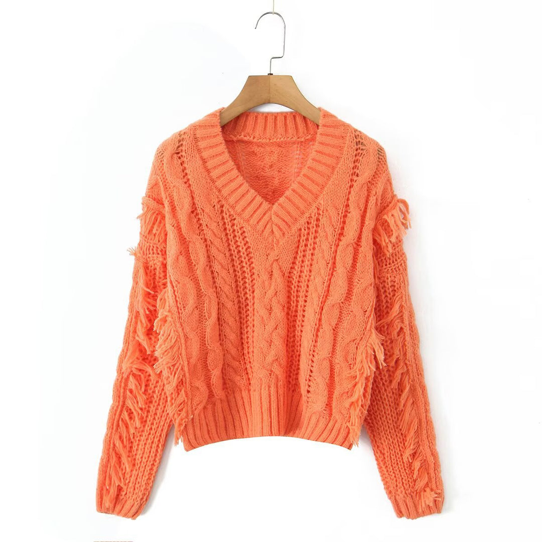Damen Grobgestrickter V‑Ausschnitt‑Pullover mit Zopfmuster und Fransen Shop Nory