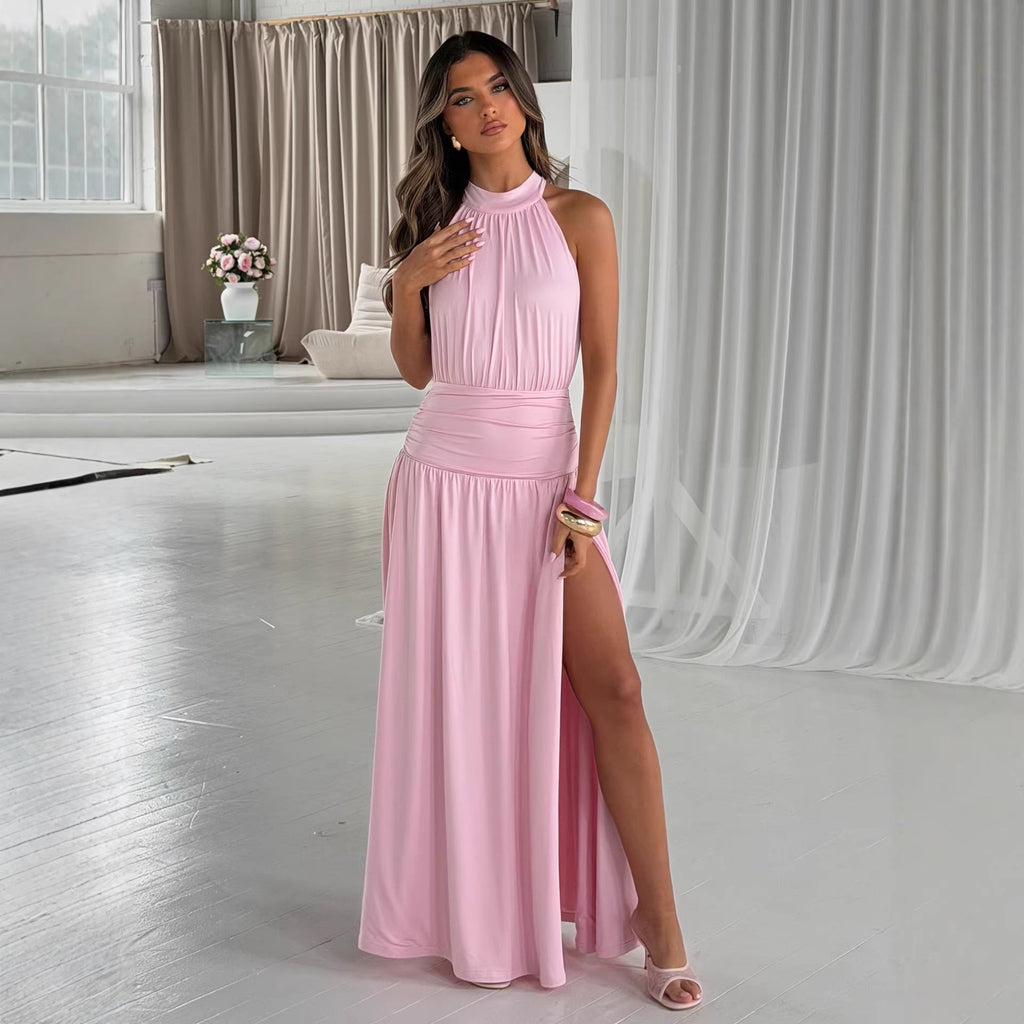 Damen Elegantes Maxikleid mit schimmerndem Stoff und hohem Schlitz Shopnory