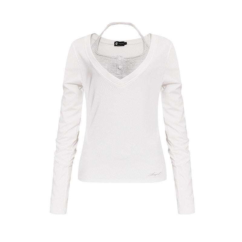Damen Langarm-Shirt mit doppeltem Layer‑Effekt, tiefem V‑Ausschnitt und gestreiftem Einsatz Shop Nory