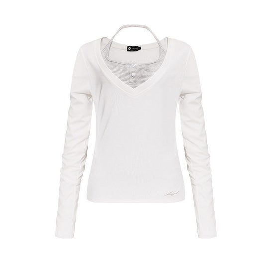 Damen Langarm-Shirt mit doppeltem Layer‑Effekt, tiefem V‑Ausschnitt und gestreiftem Einsatz Shop Nory