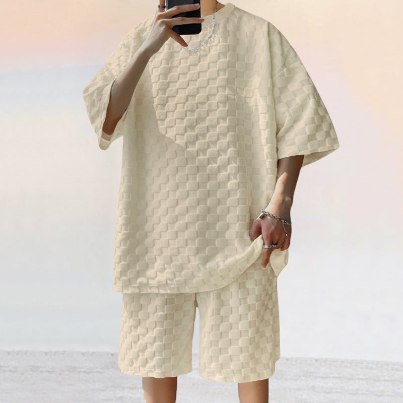 Unisex nan übergroßes Freizeit-Set aus strukturierter Waffelqualität mit Rundhalsausschnitt und locker sitzender Bermudashorts