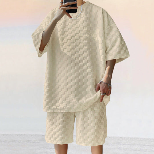 Unisex nan übergroßes Freizeit-Set aus strukturierter Waffelqualität mit Rundhalsausschnitt und locker sitzender Bermudashorts