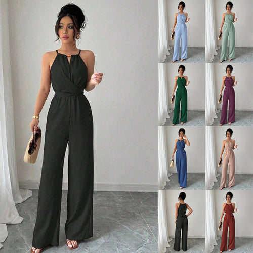 Damen Ärmelloser Neckholder-Jumpsuit mit Wickeloberteil und weitem Bein Shop Nory