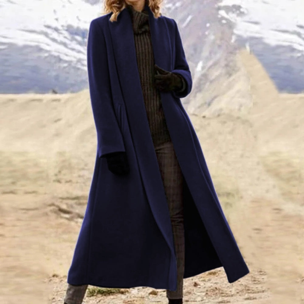 Damen eleganter langer Wollmix-Mantel mit offenem Fall und seitlichen Eingrifftaschen Shop Nory