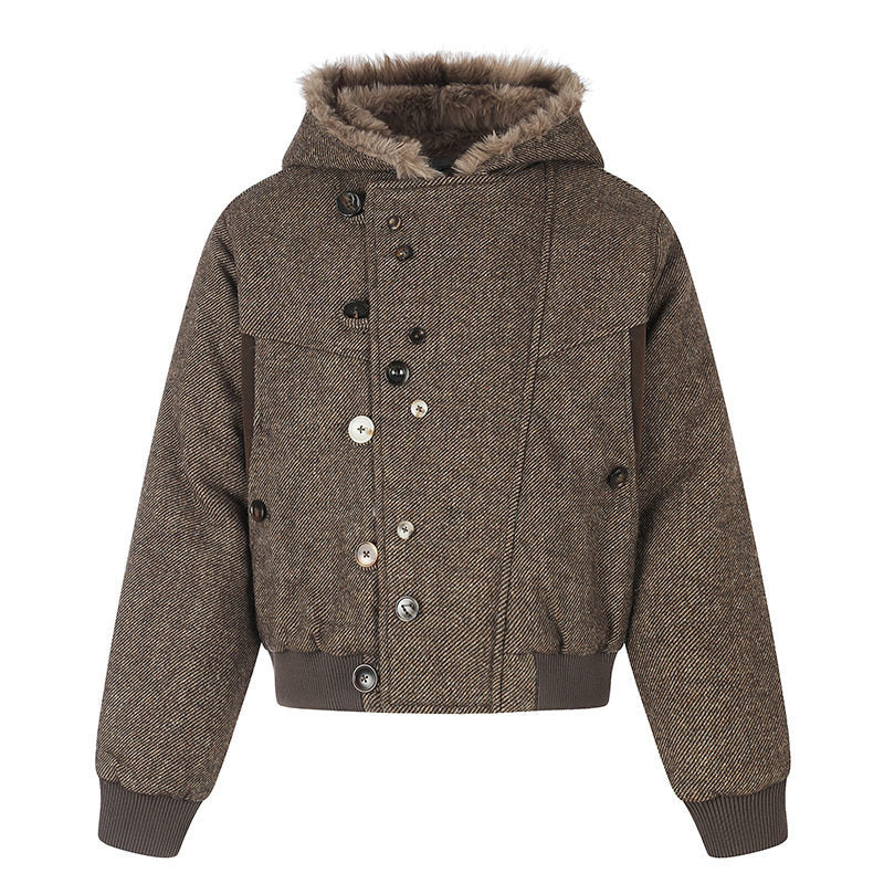 Damen Kapuzen-Bomberjacke mit Kunstfellfutter, asymmetrischer Mehrfachknopfleiste und geripptem Bund Shop Nory