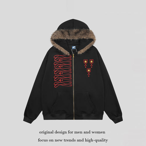Unisex Kapuzen-Sweatjacke mit kunstfellbesetzter Kapuze, Reißverschluss und gestickten Abzeichen Shop Nory