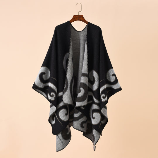Damen Wollmix-Capeponcho im Ruana-Schnitt mit ornamentaler Intarsienstruktur Shop Nory