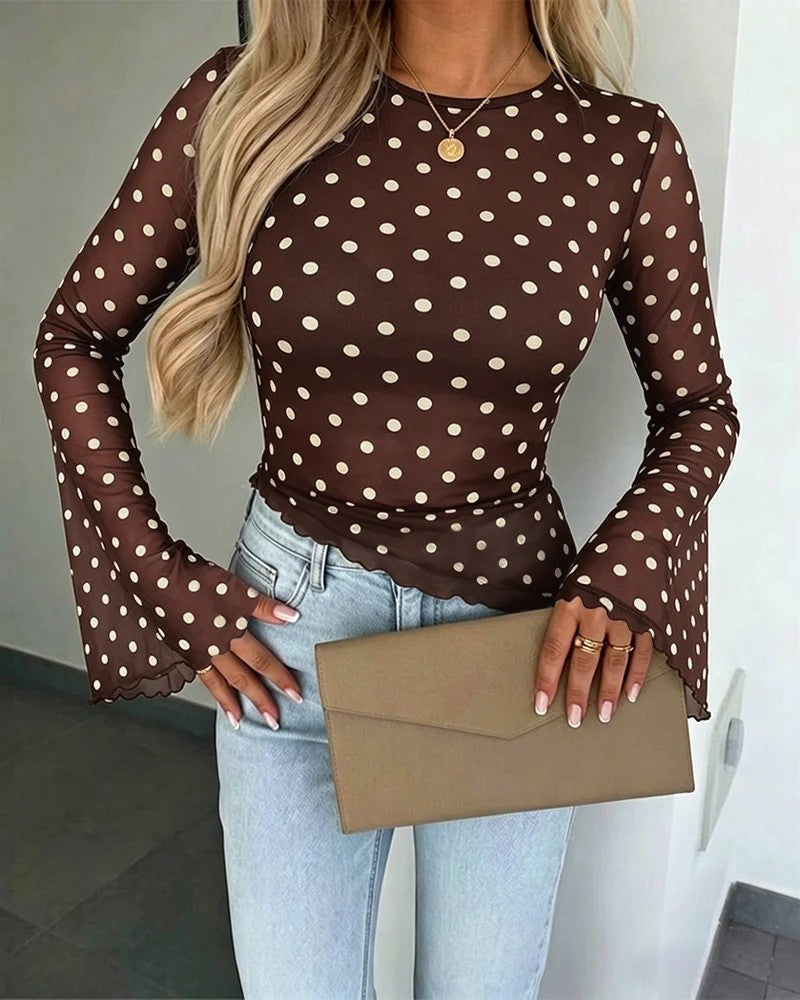 Damen Transparente Mesh-Polka‑Dot-Bluse mit taillierter Passform und Glockenärmeln Shop Nory