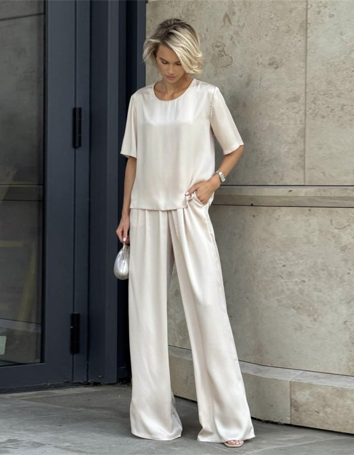 Damen elegantes und fließendes Zweiteiler-Set mit lockerem Oberteil und weiten Hosen Shopnory