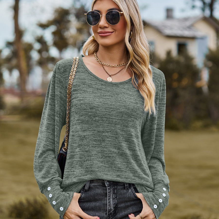 Damen Lässiges Langarmshirt mit Knopfmanschetten und weitem Rundhalsausschnitt Shop Nory