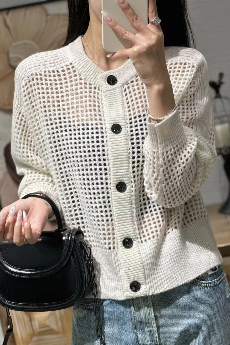 Damen Lockerer Mesh‑Cardigan mit Gitter‑Ajour, Rundhalsausschnitt und Knopfleiste Shop Nory