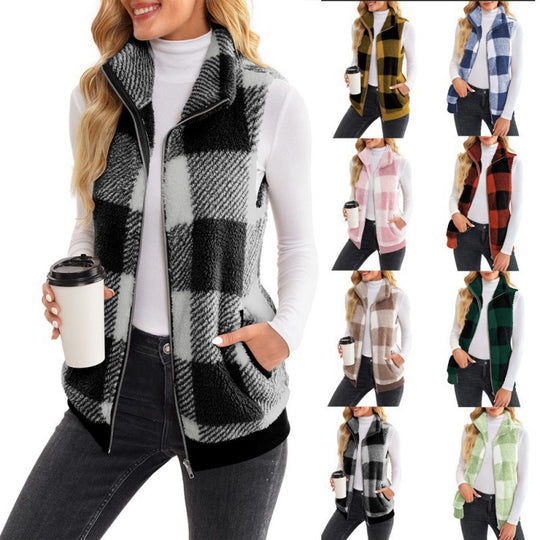 Damen Karierte Teddyweste mit Stehkragen, Reißverschluss und Eingrifftaschen Shop Nory