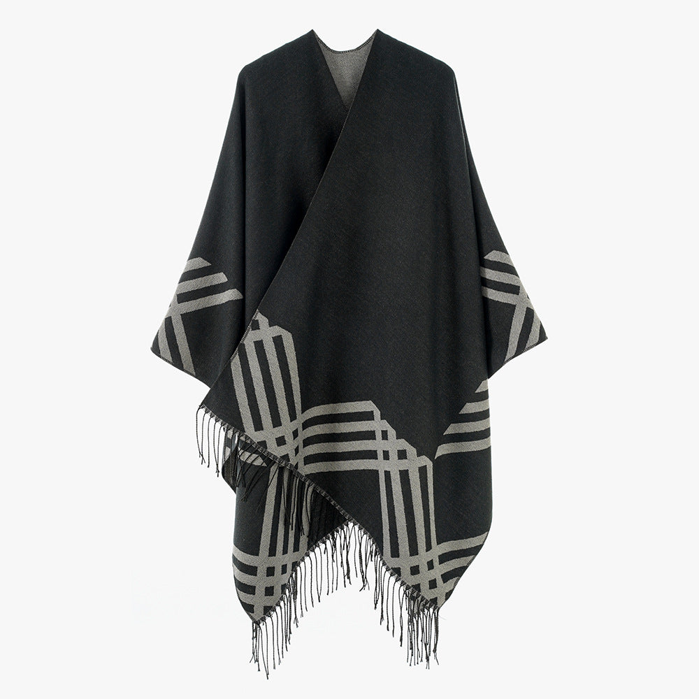 Damen Wollmix-Ruana im Rechteckschnitt mit grafischem Streifen-Jacquard und Fransen Shop Nory