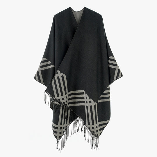 Damen Wollmix-Ruana im Rechteckschnitt mit grafischem Streifen-Jacquard und Fransen Shop Nory