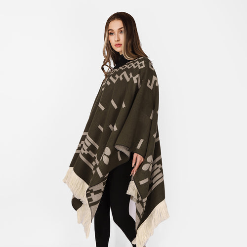 Damen V-Ausschnitt-Poncho im Jacquard-Strick mit Fransenabschluss Shop Nory