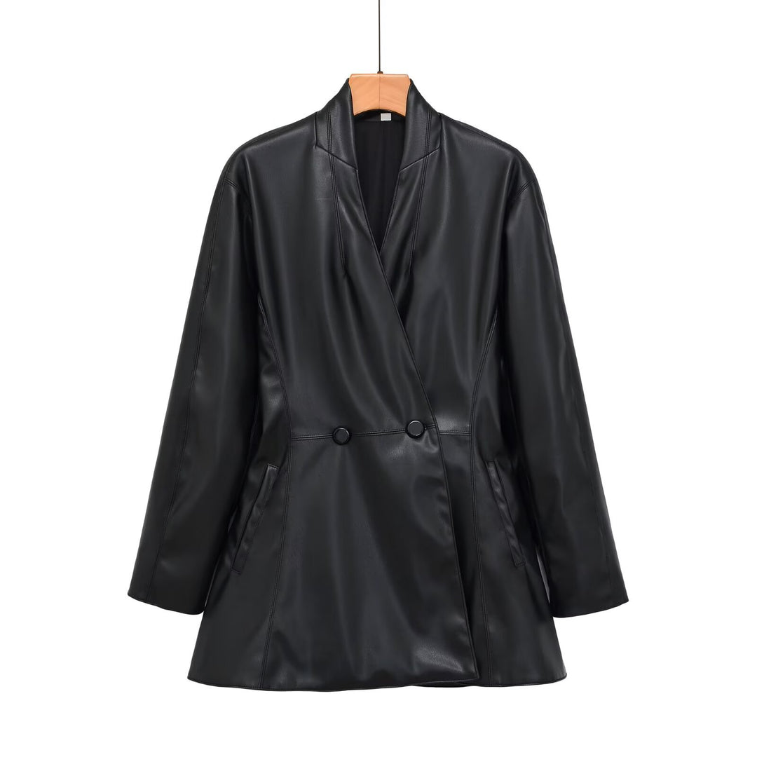 Damen taillierter zweireihiger Kunstleder‑Midimantel mit Schalkragen und Pattentaschen Shop Nory