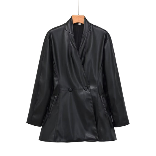Damen taillierter zweireihiger Kunstleder‑Midimantel mit Schalkragen und Pattentaschen Shop Nory