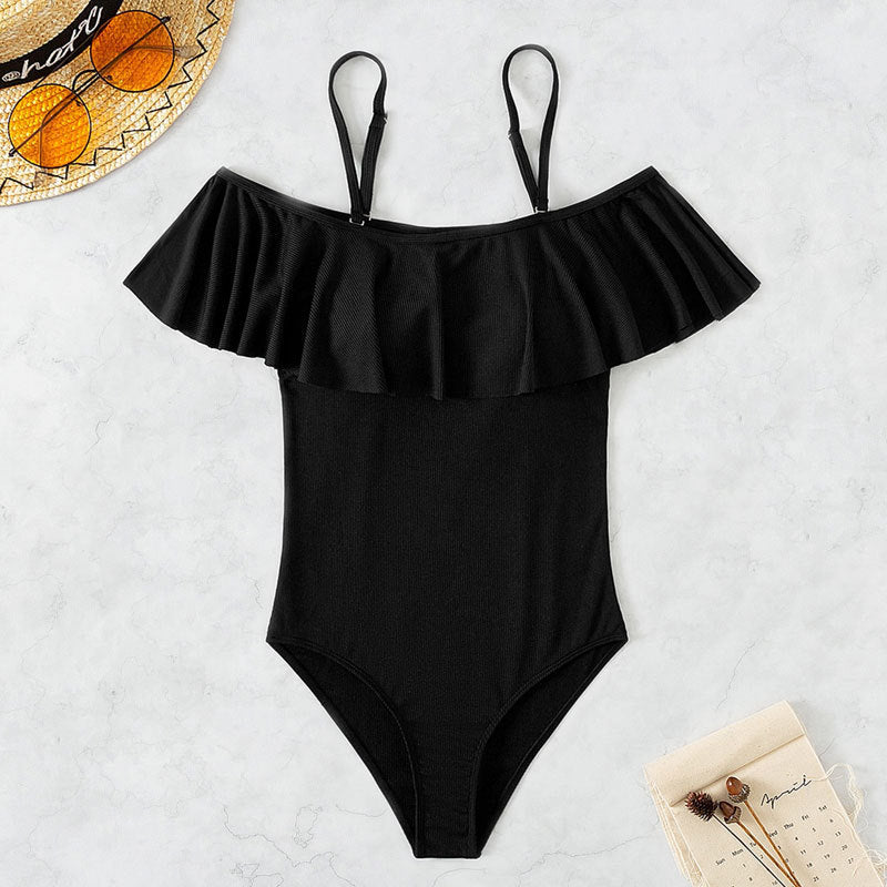 Damen Eleganter Badeanzug mit Volants und schulterfreier Ausschnitt