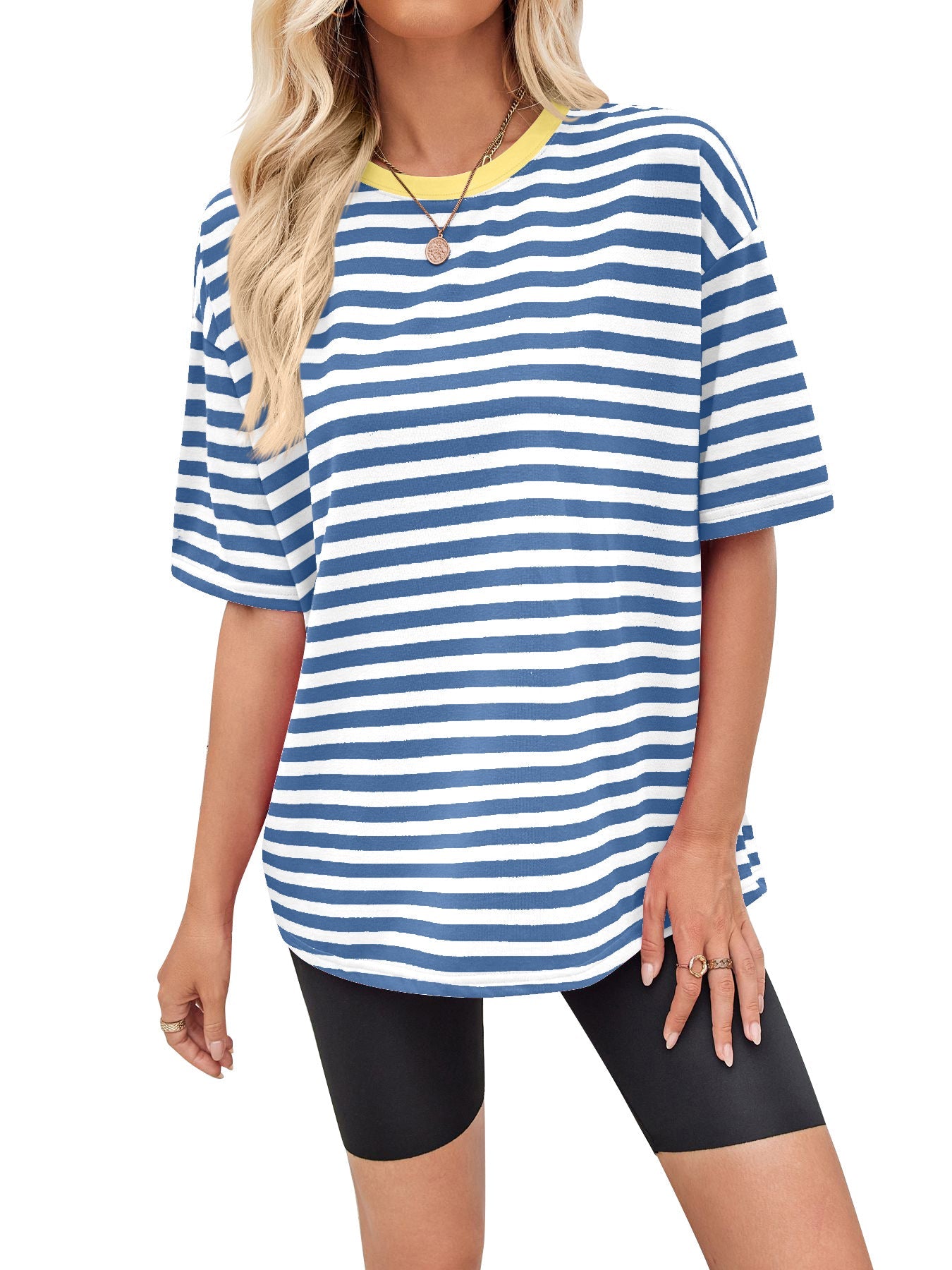 Damen gestreiftes Oversize T-Shirt mit Rundhalsausschnitt und Kontrastdetails