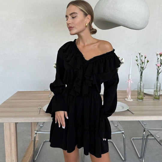 Damen Verspieltes Rüschen-Kurzkleid mit V-Ausschnitt, geraffter Taille und Stufensaum Shop Nory