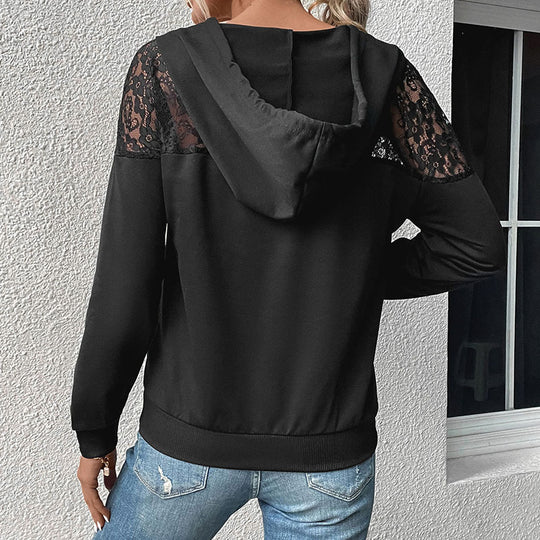 Damen Hoodie mit V-Ausschnitt, Spitzen-Schulterbesatz und Kängurutasche Shop Nory