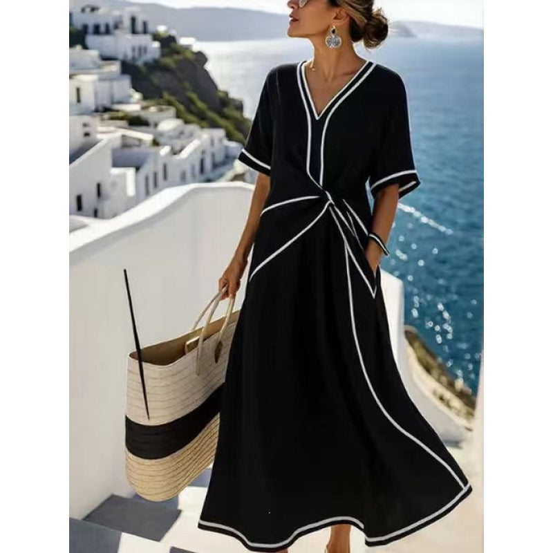 Damen Maxikleid mit V-Ausschnitt, seitlichem Knoten und Kontrastpaspeln Shop Nory