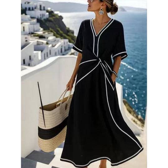 Damen Maxikleid mit V-Ausschnitt, seitlichem Knoten und Kontrastpaspeln Shop Nory