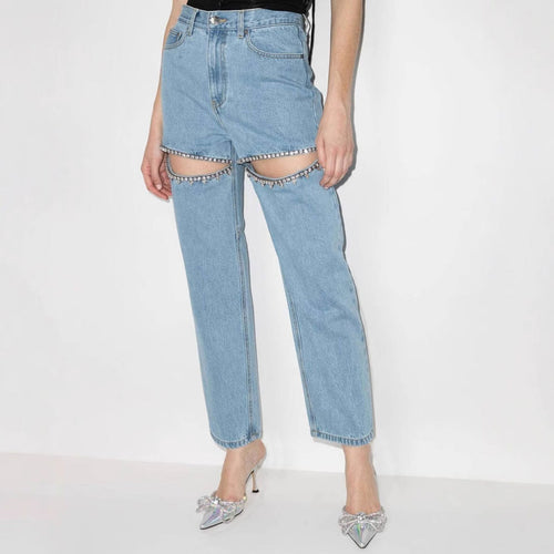 Damen Jeans mit dekorativen Cut-Outs und Strassverzierungen
